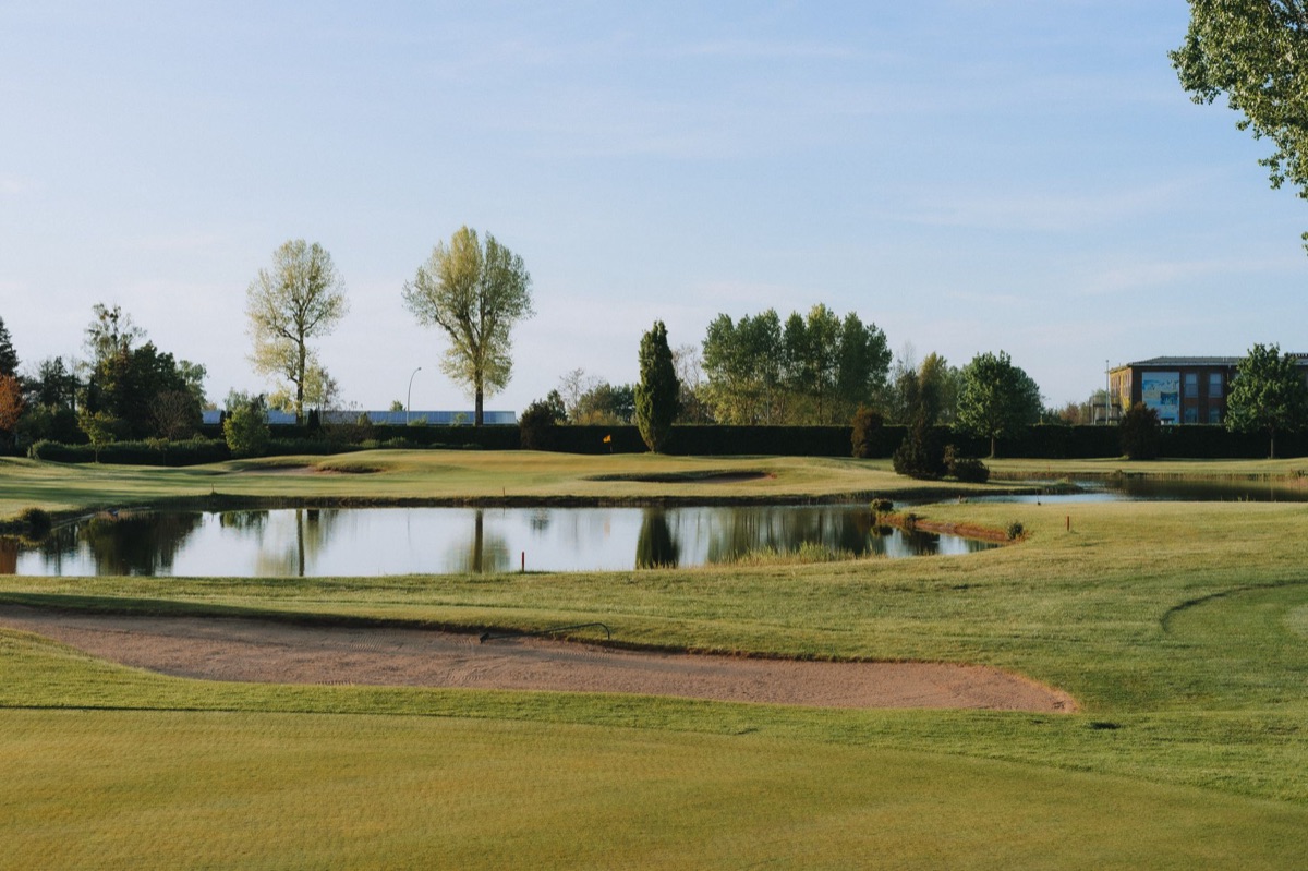 Primer plano de un green de golf con ondulaciones y una bandera.