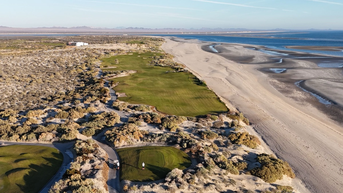 Características de um campo de golfe estilo links com dunas e bunkers de areia.