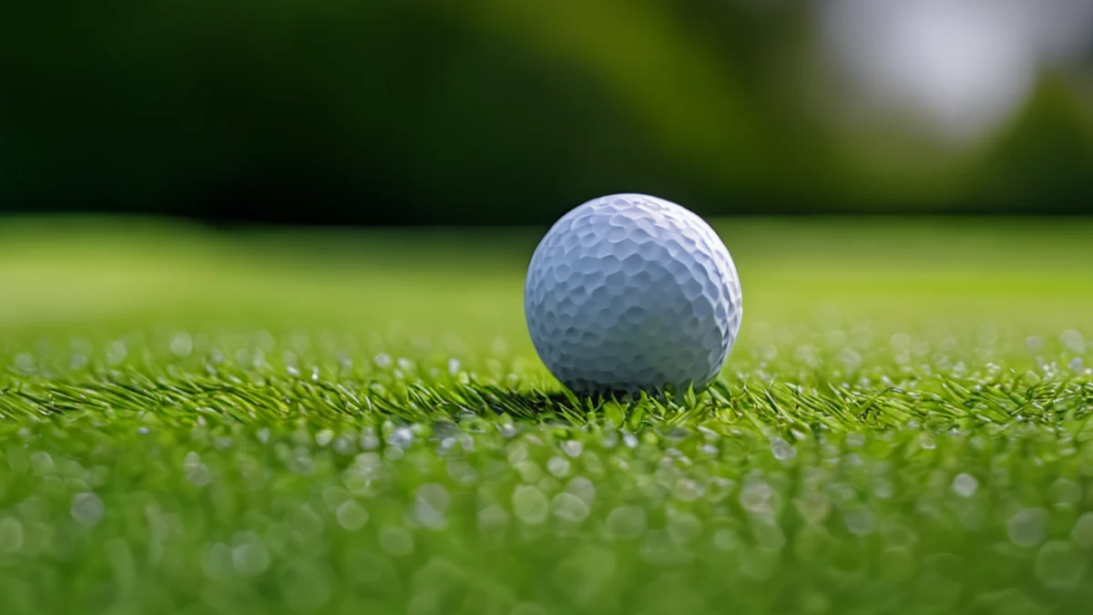 Uma bola de golfe sobre um campo de grama verde com hierba curta ao redor.