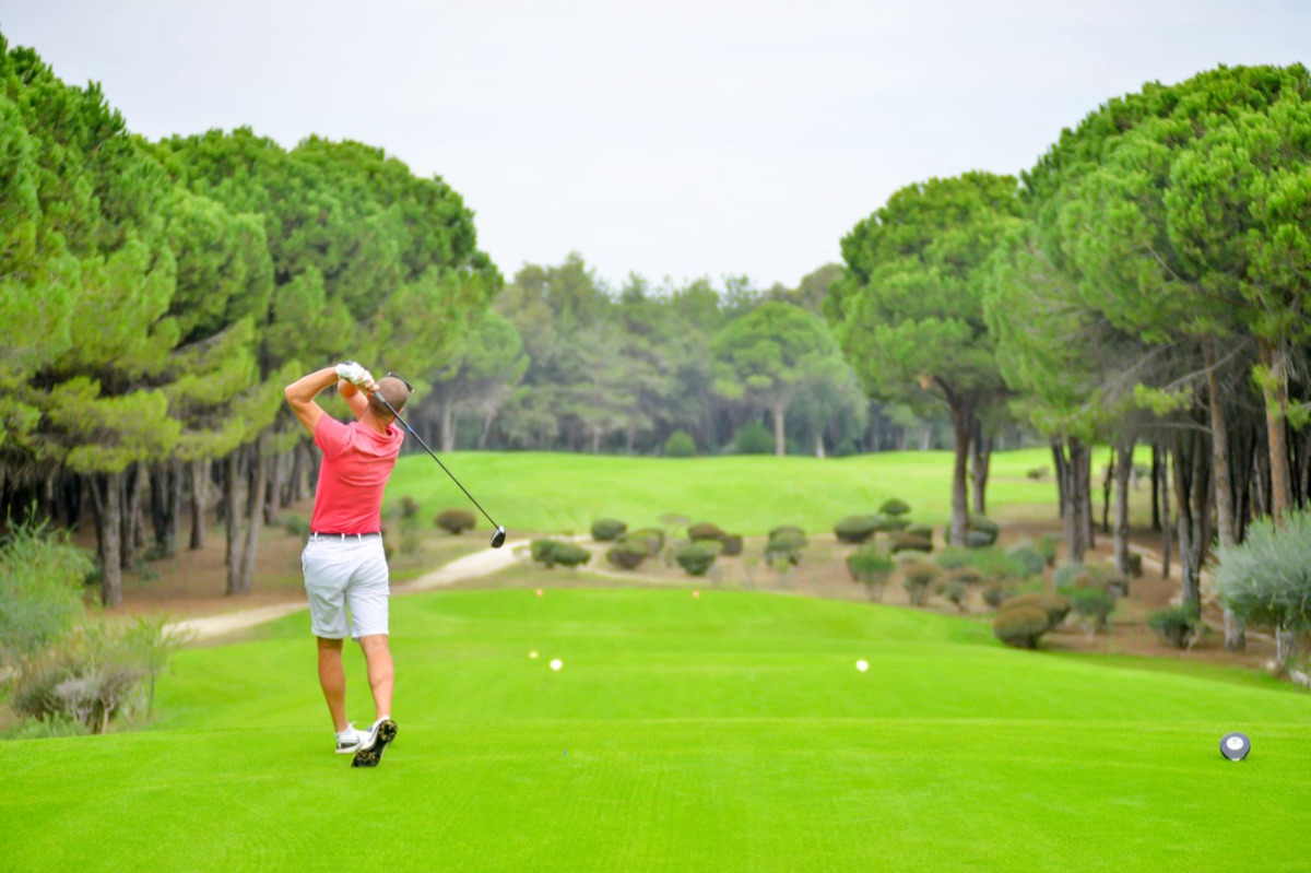 Un diseño histórico de un campo de golf en España, con una línea de meta y un bosque en el fondo.