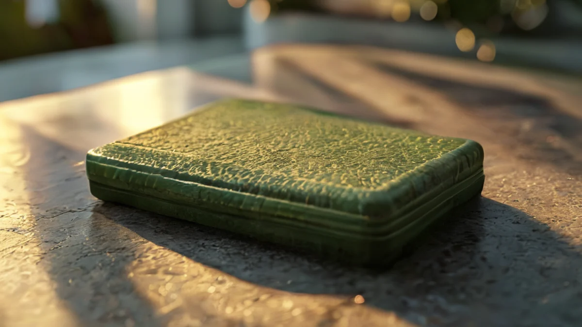 een rauwe, rechthoekige, groene case met een texturige grip, op een beton tafel onder gouden uur, zachte scherpte, fotorealistisch, scherp focus, hoge details