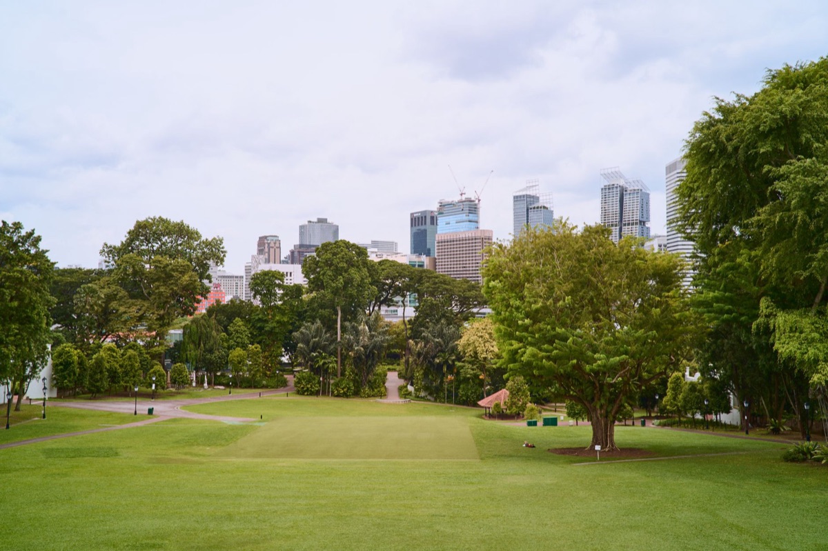 golf course with historical markers and stone structures