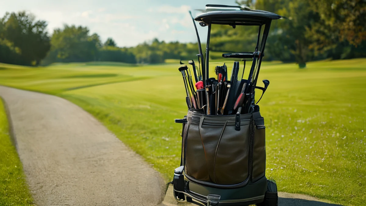 Golf bag and cart on fairway, players walking with equipment