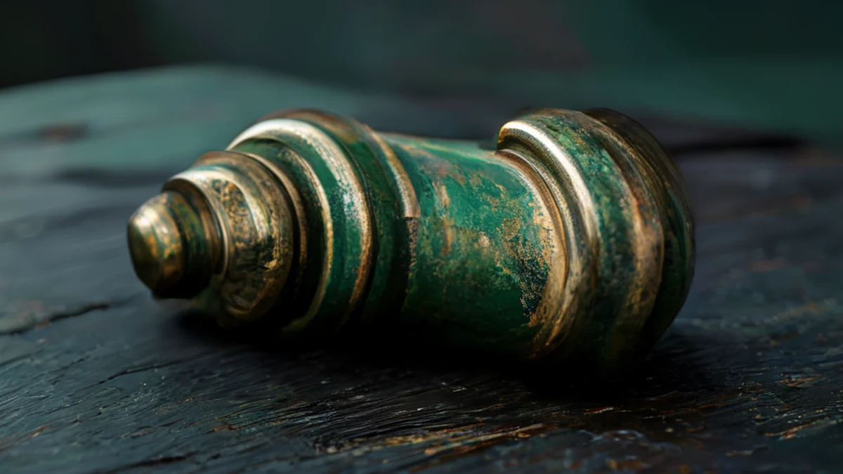Een metaalventil met een donkere, glibberige oppervlak dat tekenen van oxidatie toont.