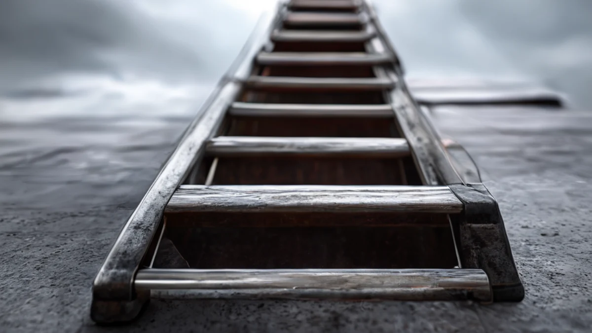 A steel ladder leaning against a wall, with rungs and a metal rung at the top.