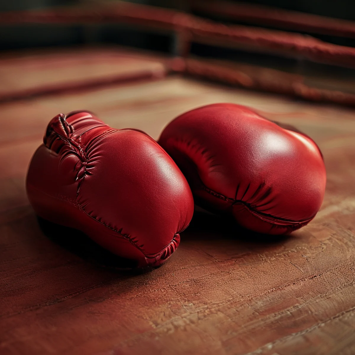 Boxing gloves placed on the ring floor, showing their color and position.