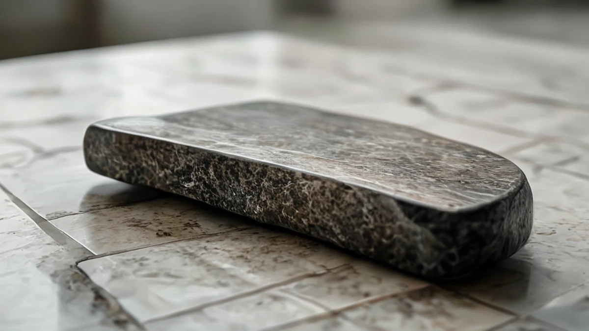 A layer of mineral deposits forming on the surface of a granite stone.