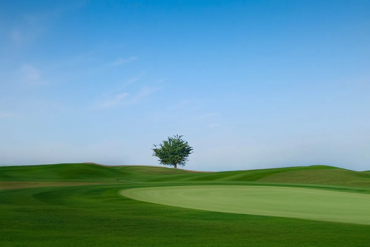 golf course, tree, blue sky, summer, tranquility, nature, sport, grass field, solitude, greenery, countryside, hills, lonely landscape, soft light, peaceful lan