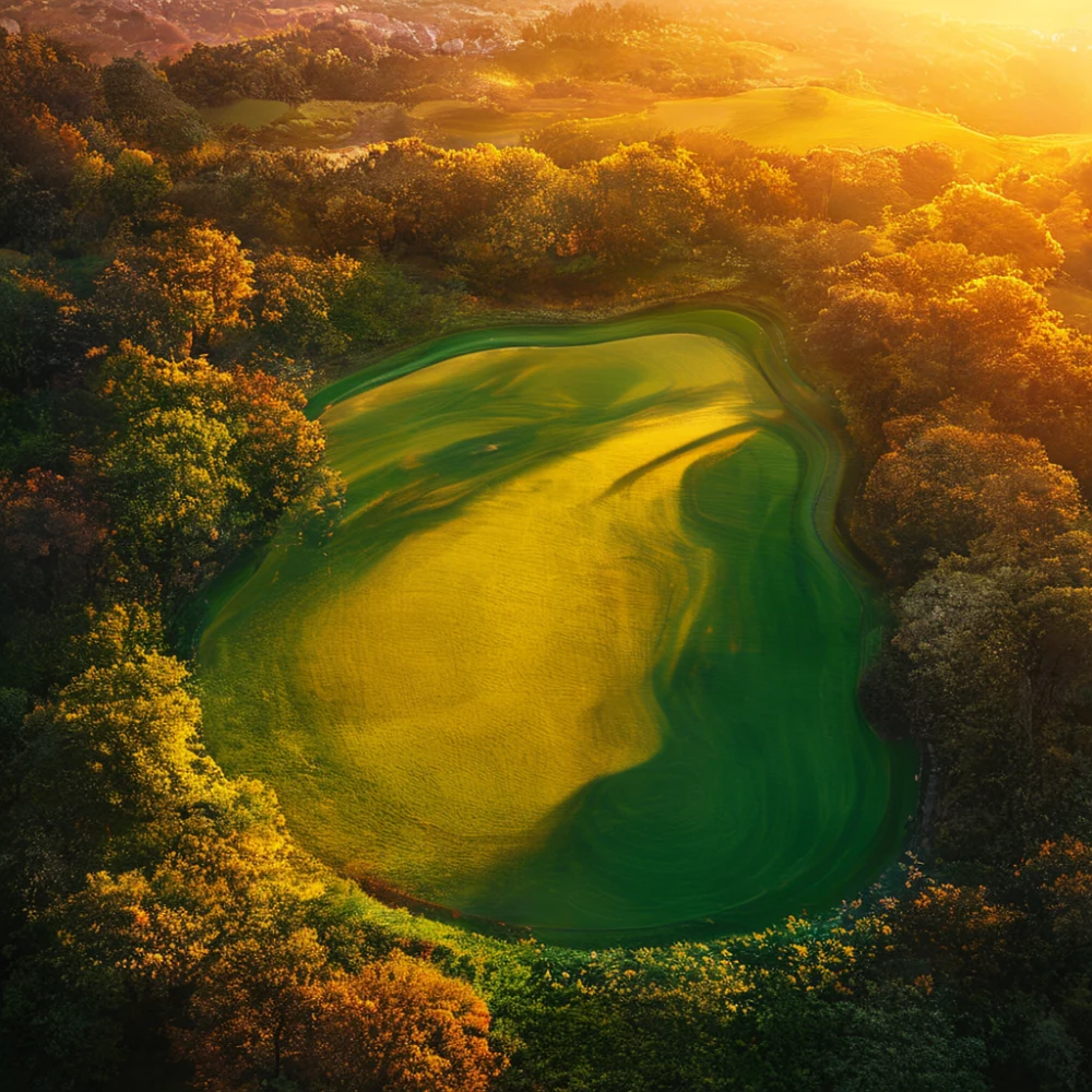 Golf course view with trees and water hazards